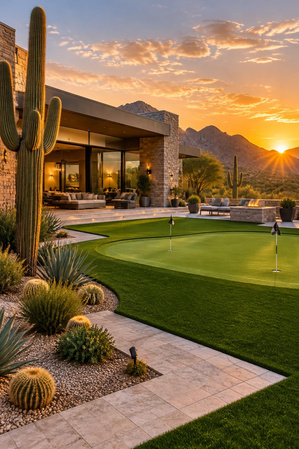 Modern Arizona desert home with artificial grass lawn and backyard putting green at sunset