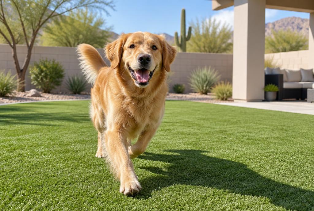 Golden retriever running on pet-friendly artificial turf in an Arizona backyard